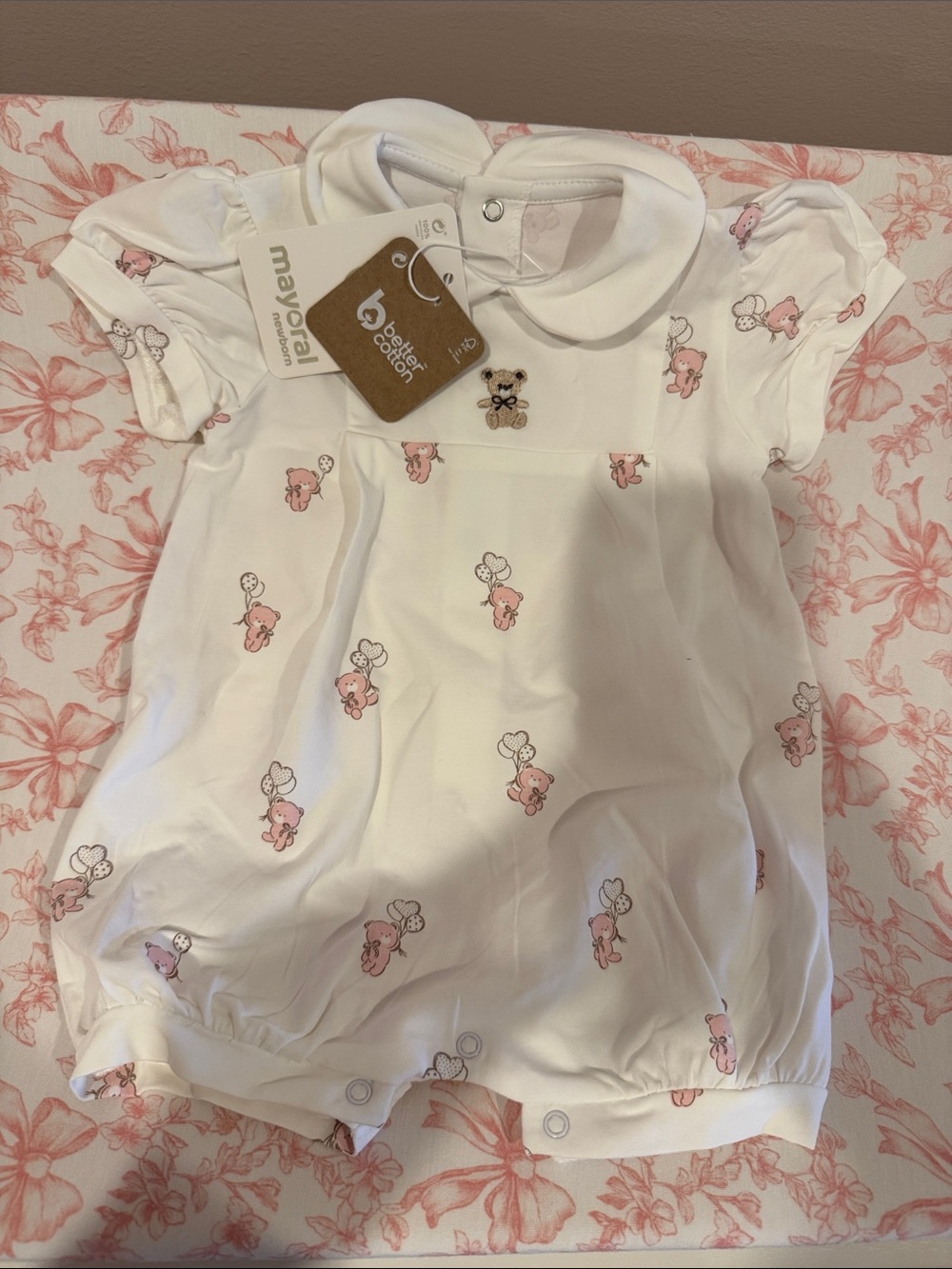 Mayoral White Baby Romper with Pink Bear Accents